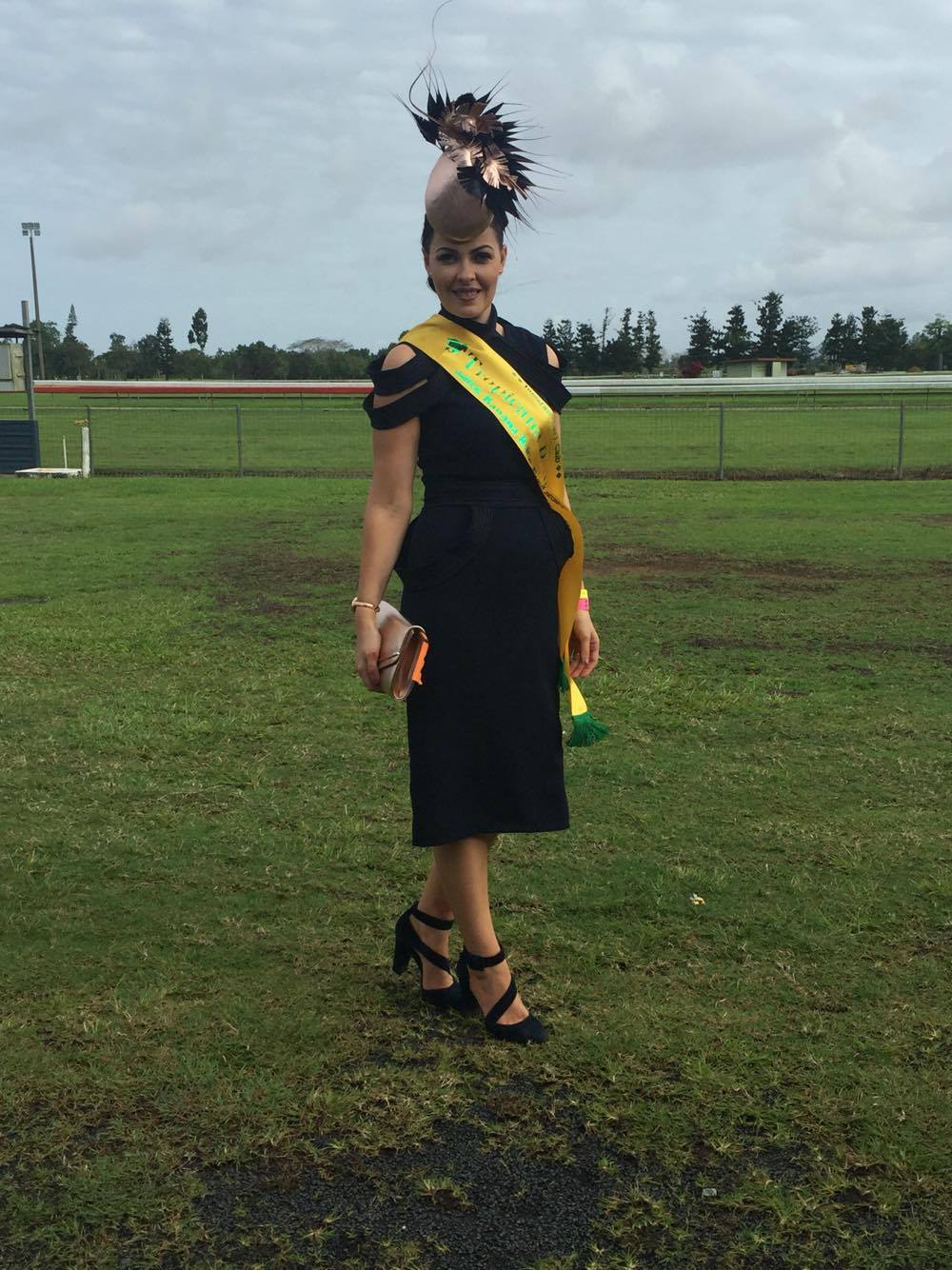 Gorgeous client Lucy wearing her custom Milva Carucci Designs dress Winner of Contemporary Under 30 and best Millinery at Innisfail Banana Races 