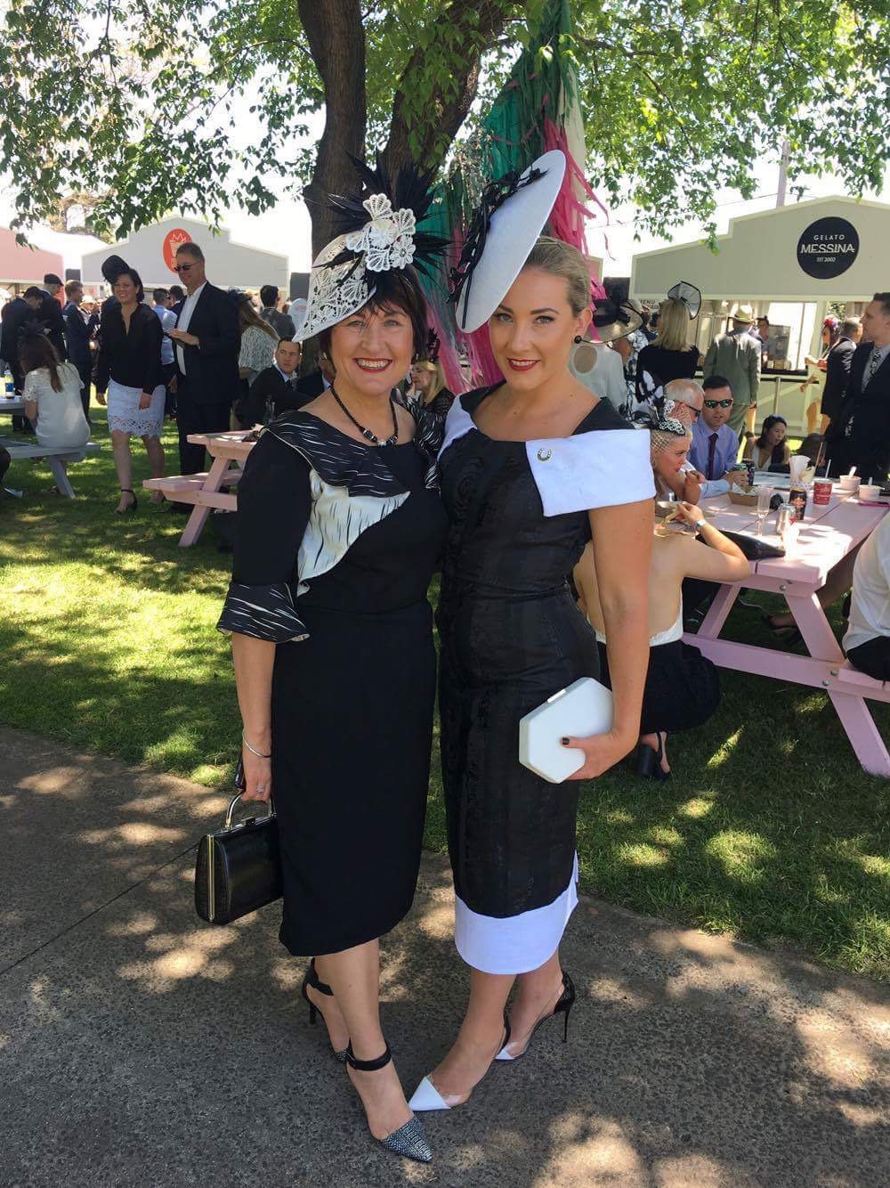 Mum and I enjoying the first day of fashion and race day fun Both wearing custom Milva Carucci Design dresses & Sonlia Millinery (L) and Allport Millinery (R) (Photo by Liana Hastie)