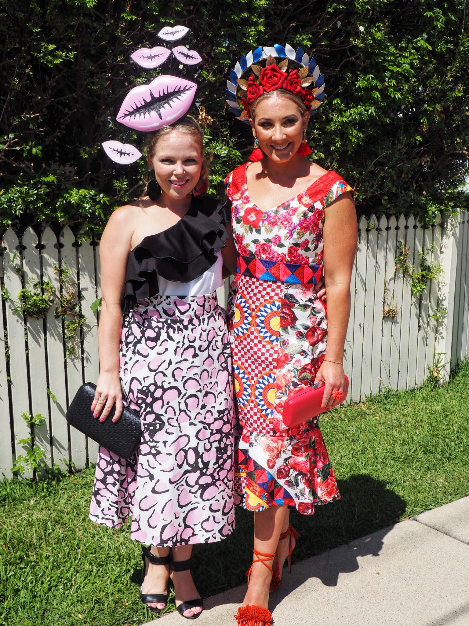 Sophie & I - both wearing custom made Milva Carucci Design outfits and Allport Millinery Image - Allport Millinery 