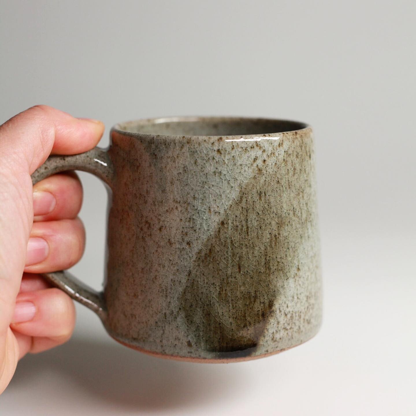 Gas fired tea mug in celadon glaze with tenmoku mark. In case you are still searching for that perfect mug 😊