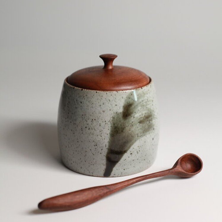 Salt Cellar in celadon glaze with tenmoku mark and wooden lid and spoon made from American walnut wood