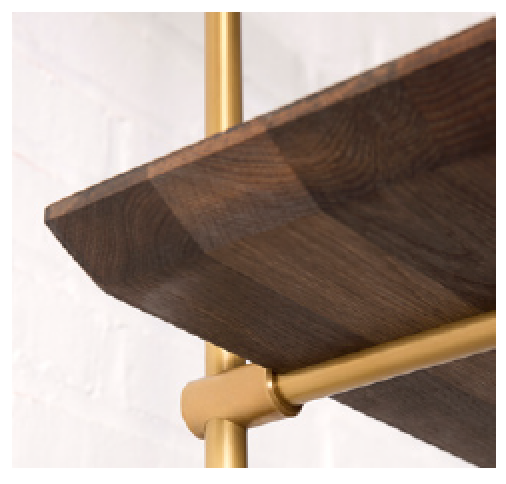 Detail of Amuneal Collector's Shelving System knife-edge shelf and brass framework