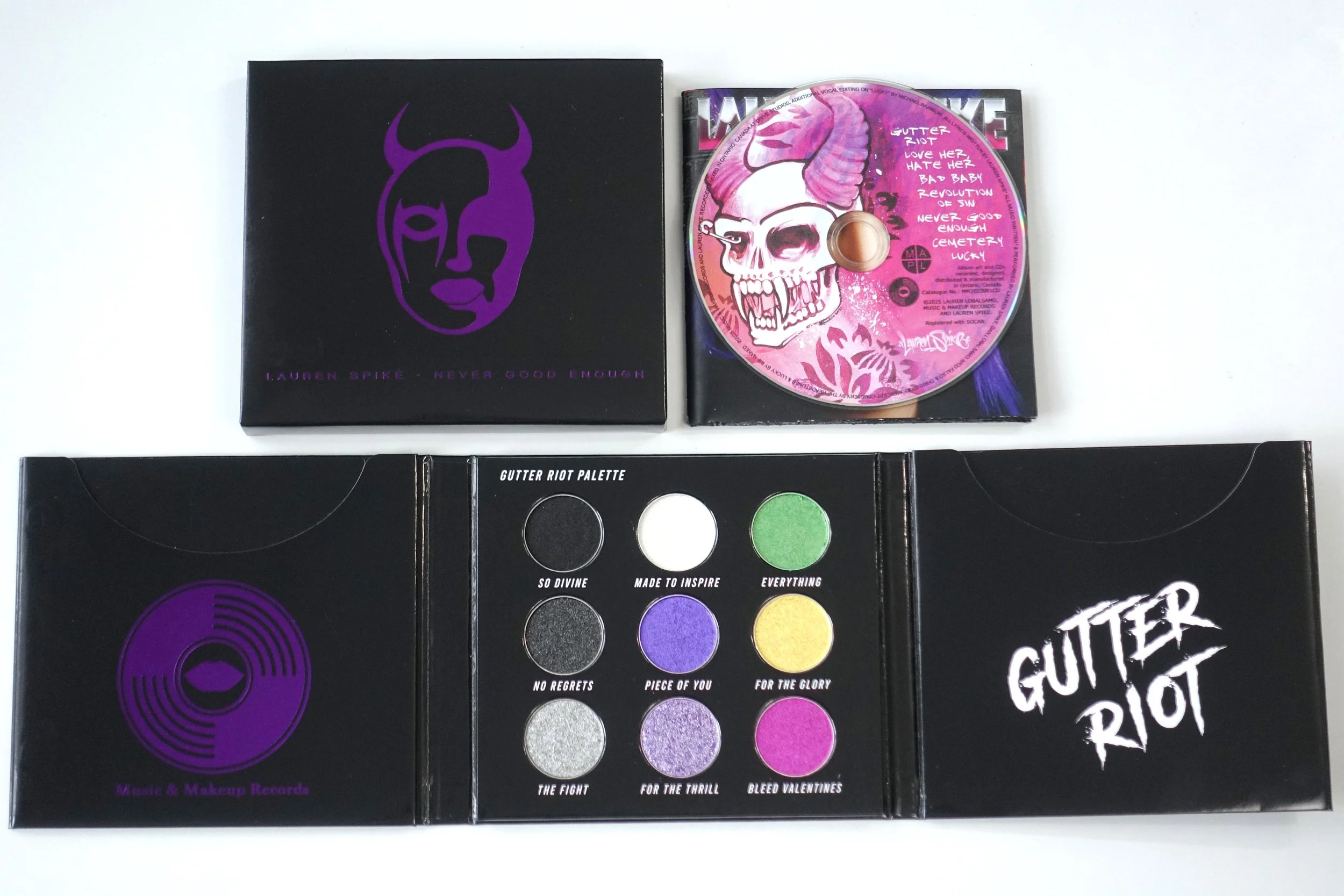Gutter Riot CD cover with Metallic Purple Devil Girl Logo, CD and Eyeshadow Palette