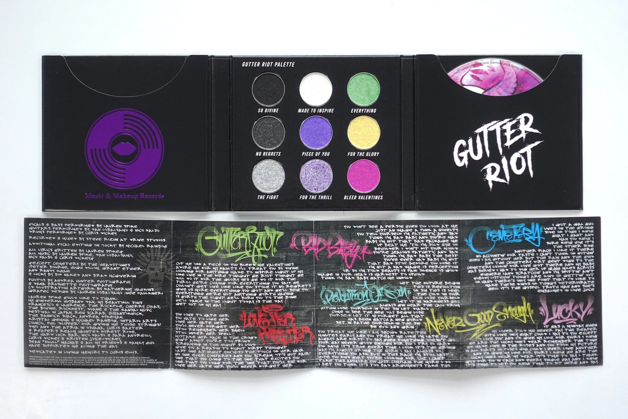 Gutter Riot Eyeshadow Palette with CD inlay booklet showing album lyrics