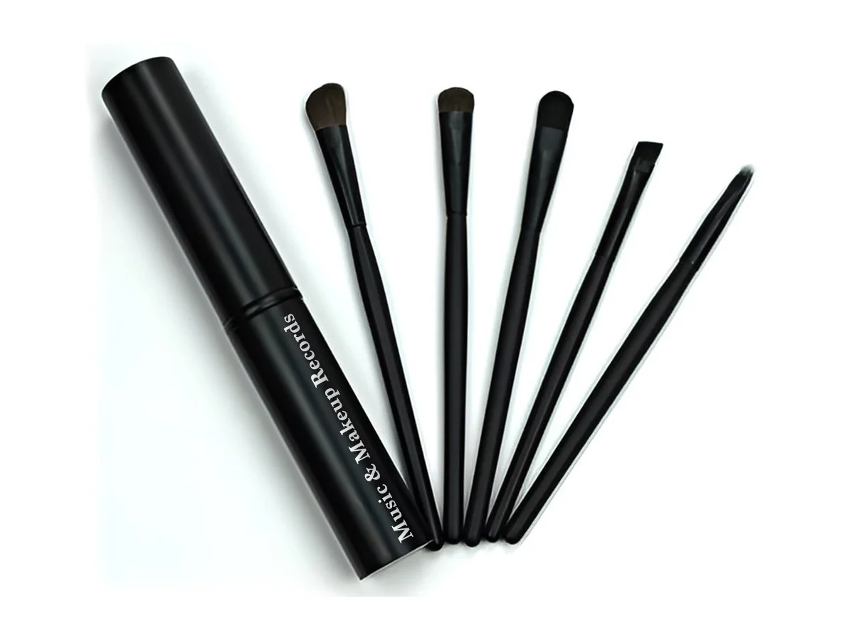 5 Mini Eyeshadow Brushes in Portable Aluminum Tube. Music and Makeup Records on the side of tube.