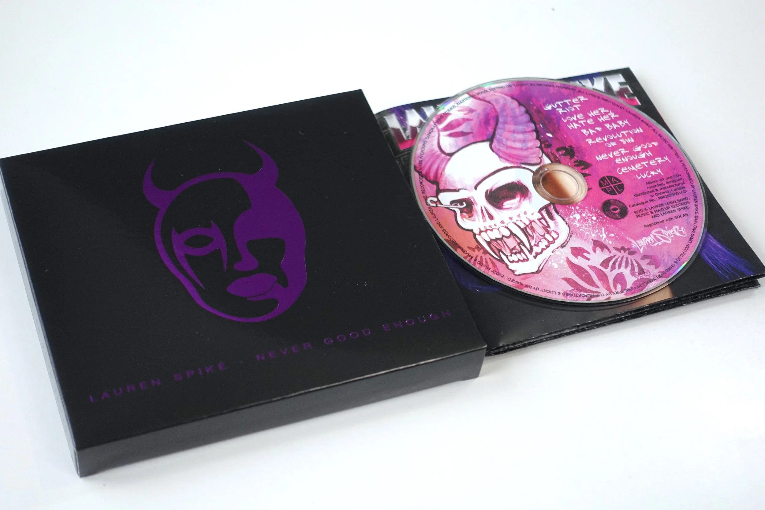 Gutter Riot CD cover with Metallic Purple Devil Girl Logo and CD