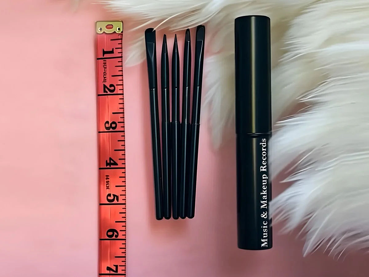 Vegan Mini Eyeshadow Brushes in Portable Aluminum Tube. Brushes are approx. 5" to 5.25" long