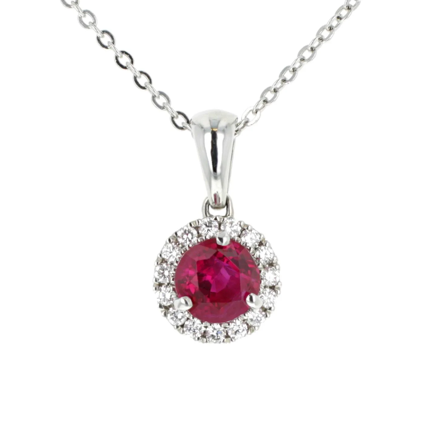 ruby pendant, diamond halo, round ruby, elegant look