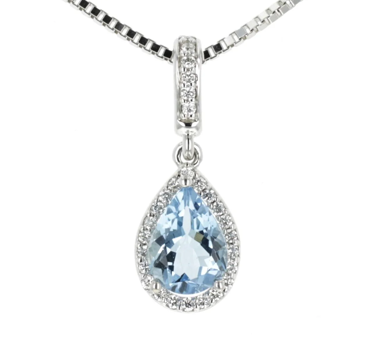fine aqua, teardrop, pendant, diamond halo, white gold, simple, elegant, classy necklace