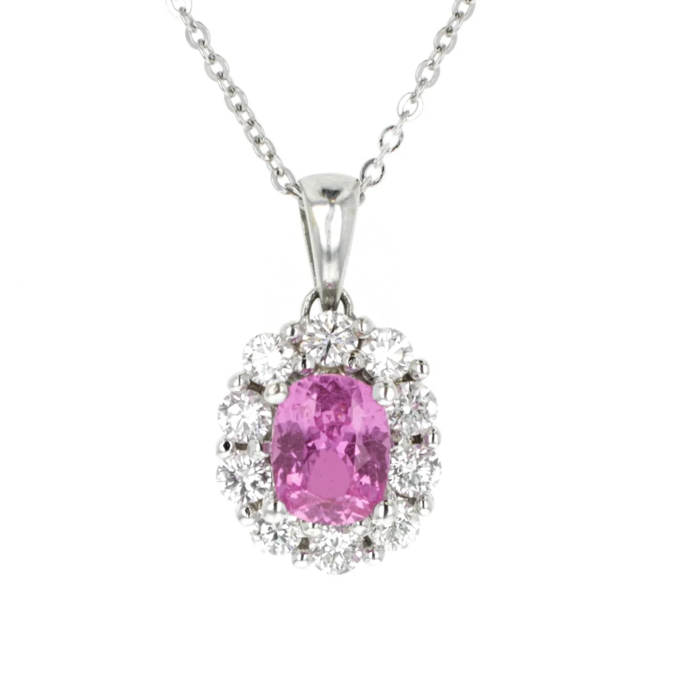 pink sapphire, halo, pendant, white gold