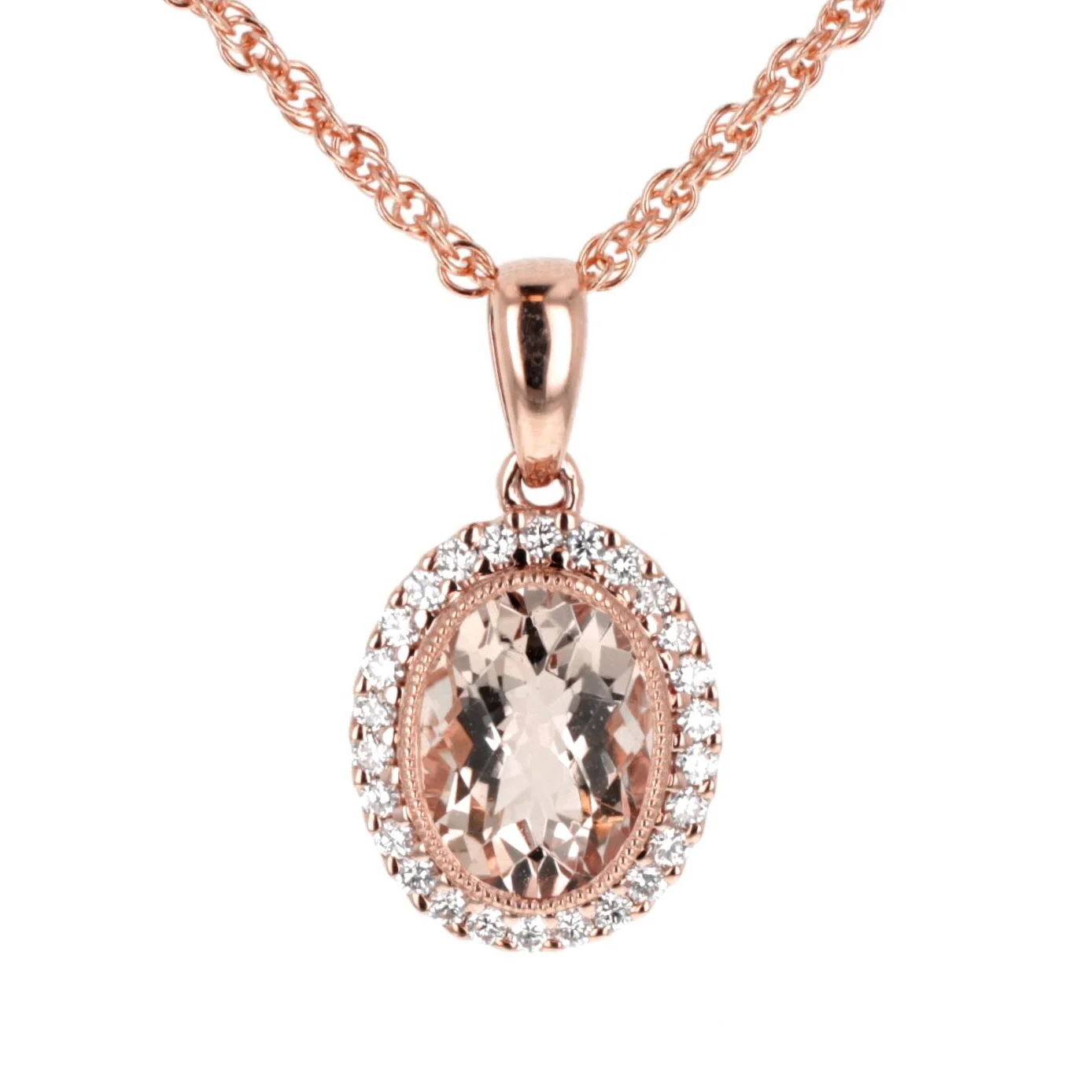 oval, morganite, pendant, rose gold, diamond halo, simple, elegant