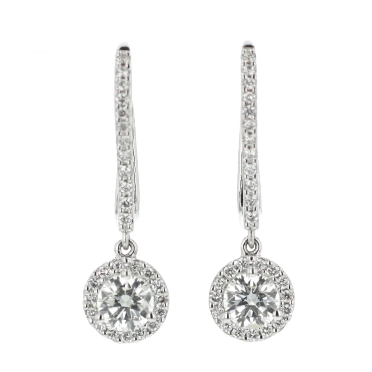 round dangle, halo earrings, contemporary look, white gold, halo