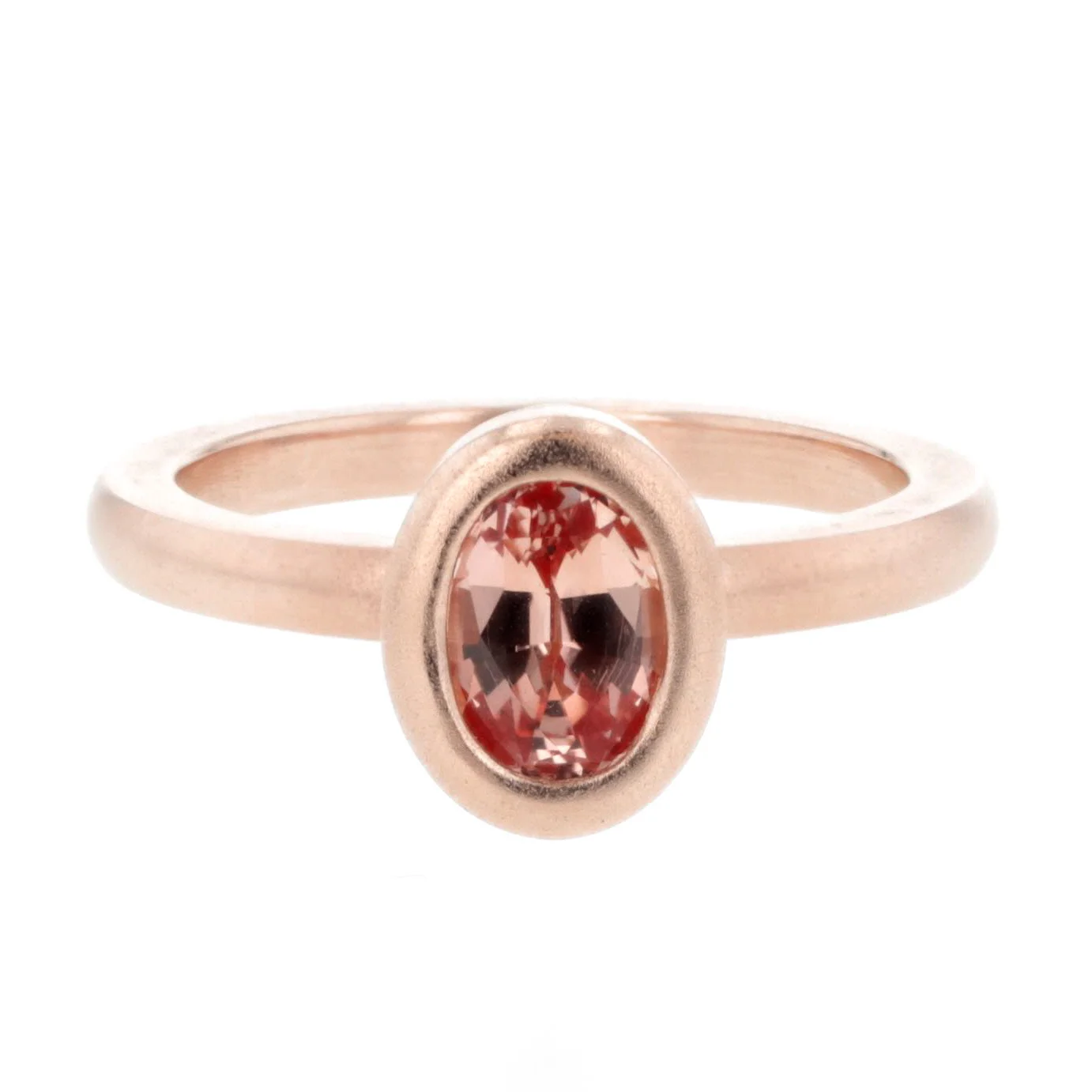 Peach, bezel set, sapphire, rose gold, fashion ring, custom mounting, custom, matte, contemporary