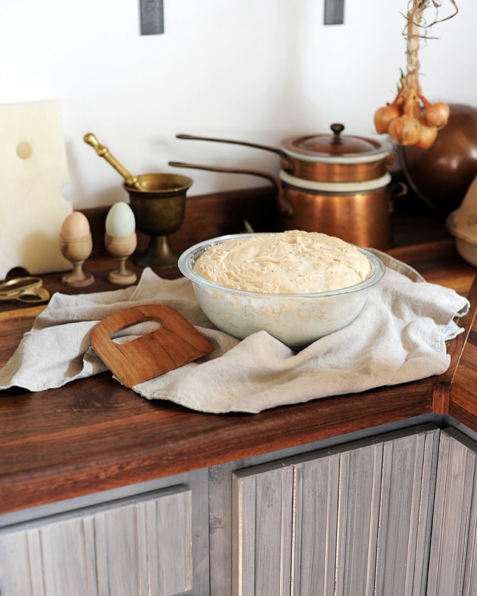 Vintage French brass mortar &amp; pestle styled in a buyer&rsquo;s kitchen! One more left in the shop! 🥰