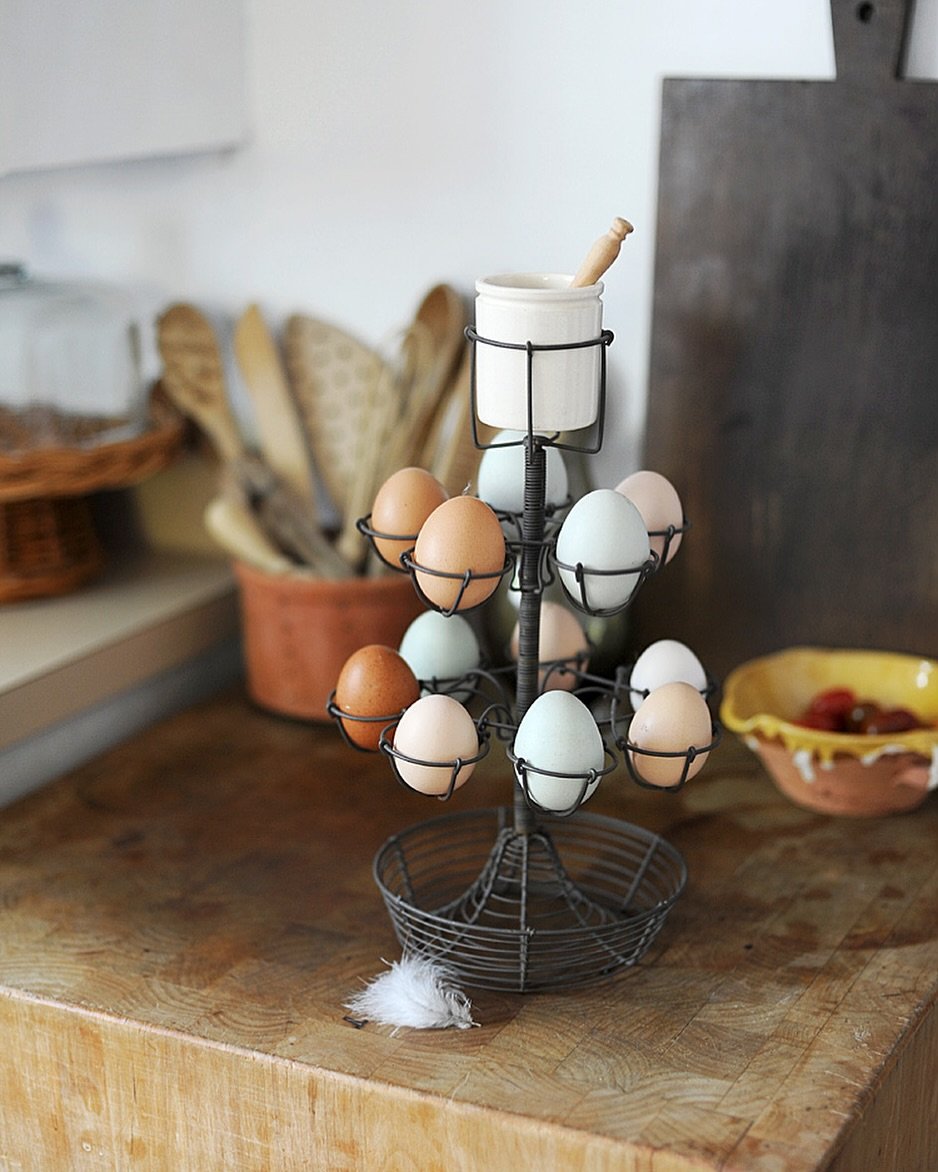 The days are finally starting to be more sunny which means my chickens will start laying soon! I love using this antique French wire egg holder which has the original, hard to find, ironstone salt cellar on top for soft boiled eggs with my little Fre