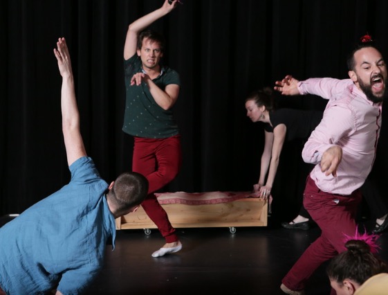 Why not Brunch? presented for the NYC10 finale in 2014 at Dixon Place in New York. Dancers from Left to right are, Quinn Dixon, Ben Follensbee, Molly Mingey, Steven Zarzecki, and Maya Orchin. Choreography: Molly Mingey. Photo Credit: Peter Yesley