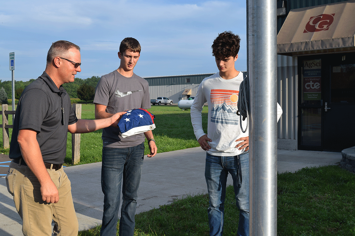 Each morning, Ag-Science students are given the responsibility of hanging the American flag. At the end of the day, their neighbors in CTE’s Health Occupations class remove it.