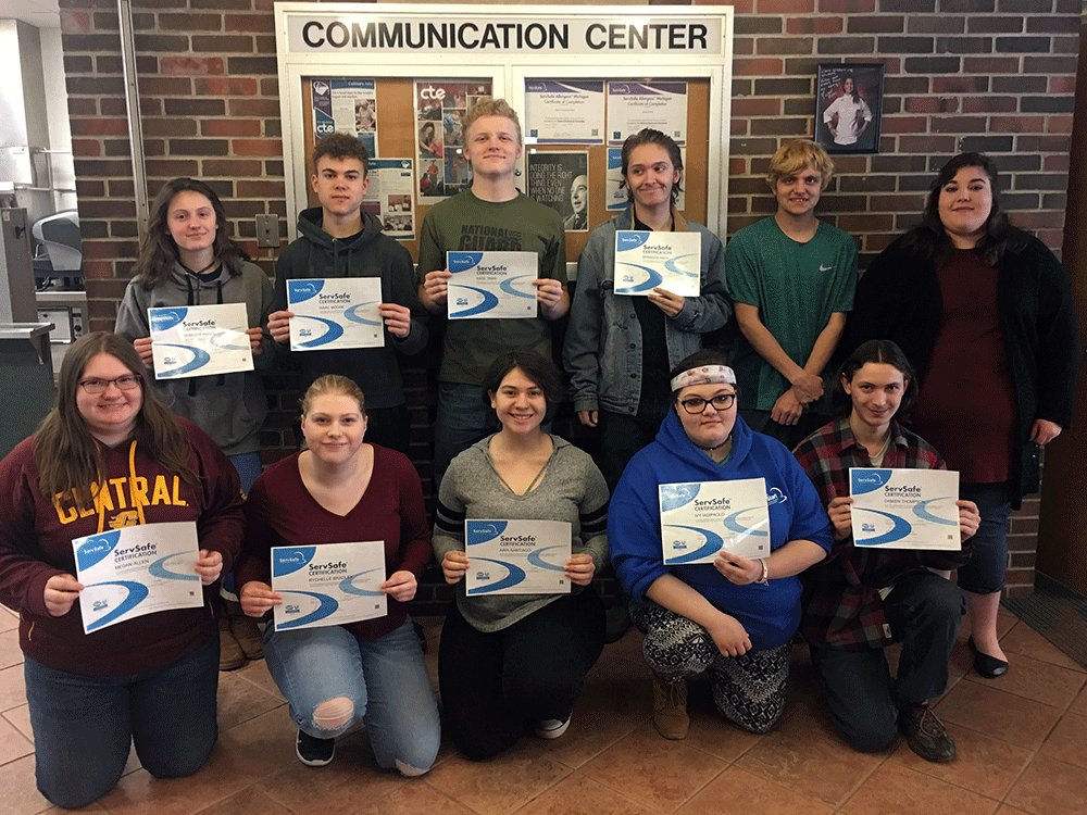 AM class - ServSafe Manager Food Safety Certificate Back row Left to right - Rebecca Hakes (HHS junior), Isaac Moore (BHS senior), Kade Tripp (BHS junior), Brandon Asch (CHS senior), Adam Archbold (FHS senior), & Maisie Commet (FHS senior) Front row left to right - Megan Allen (CHS senior), Rychelle Bradley (CHS junior), Aria Santiago (CHS senior), Ivy Iadipaolo (HHS junior), Damien Thompson (CHS senior)