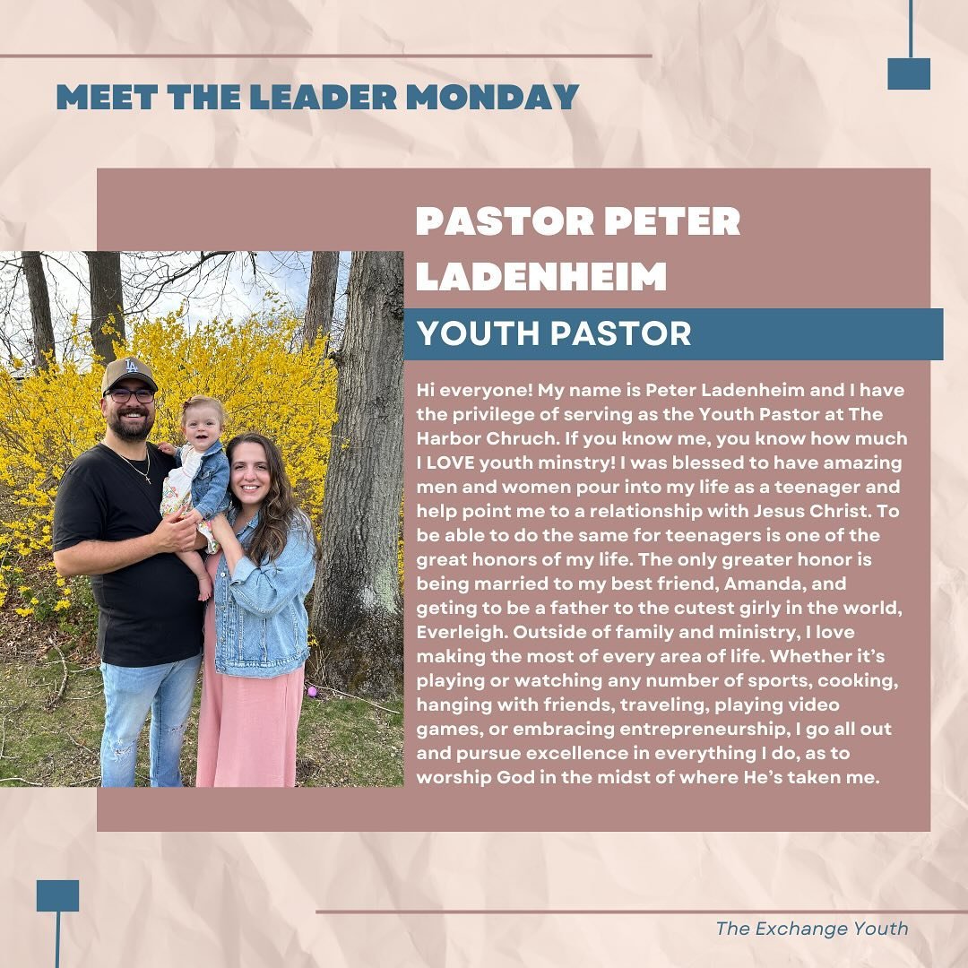 Welcome to our new series, Meet the Leader Mondays! Every Monday we will be posting one of our amazing leaders and a little bit about them, from them, so that you can get to know them a little better. Up first is our pastor, Peter Ladenheim! Here&rsq