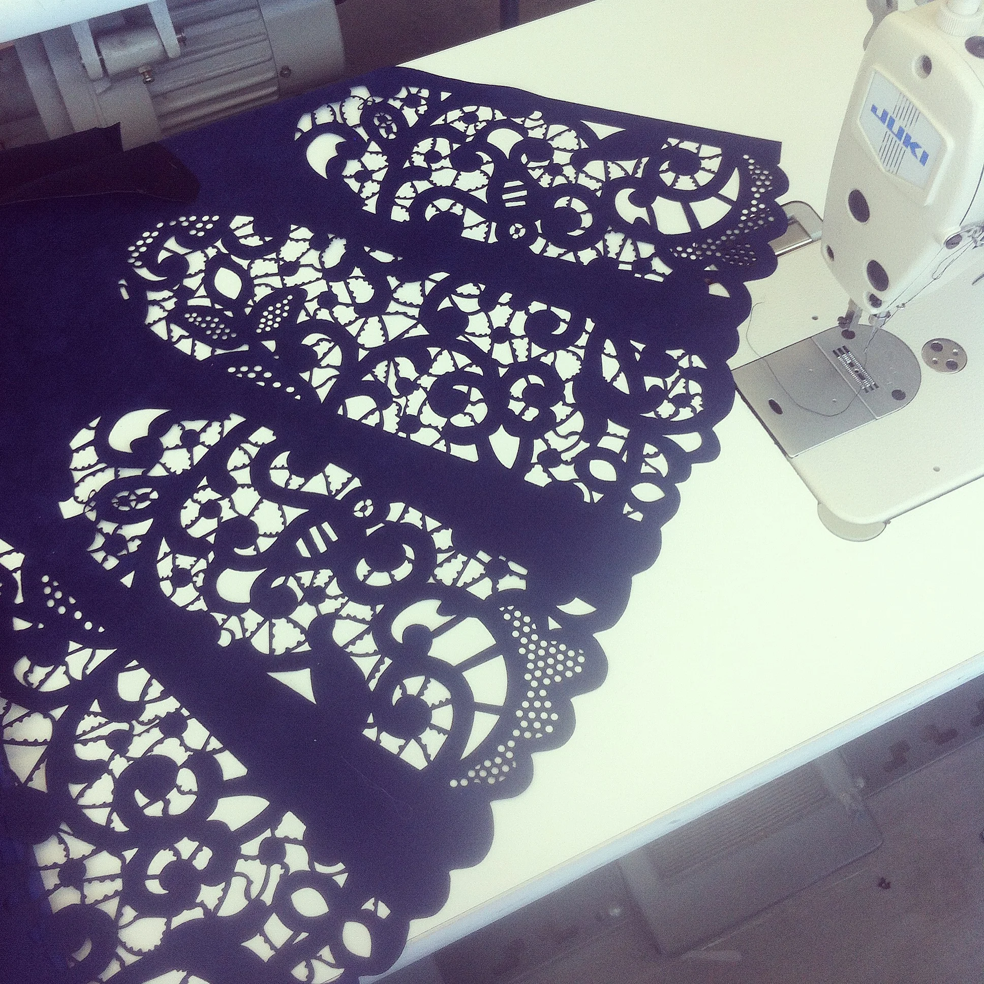  Laser cut Microsuede, lace pattern designed on Illustrator.&nbsp; 
