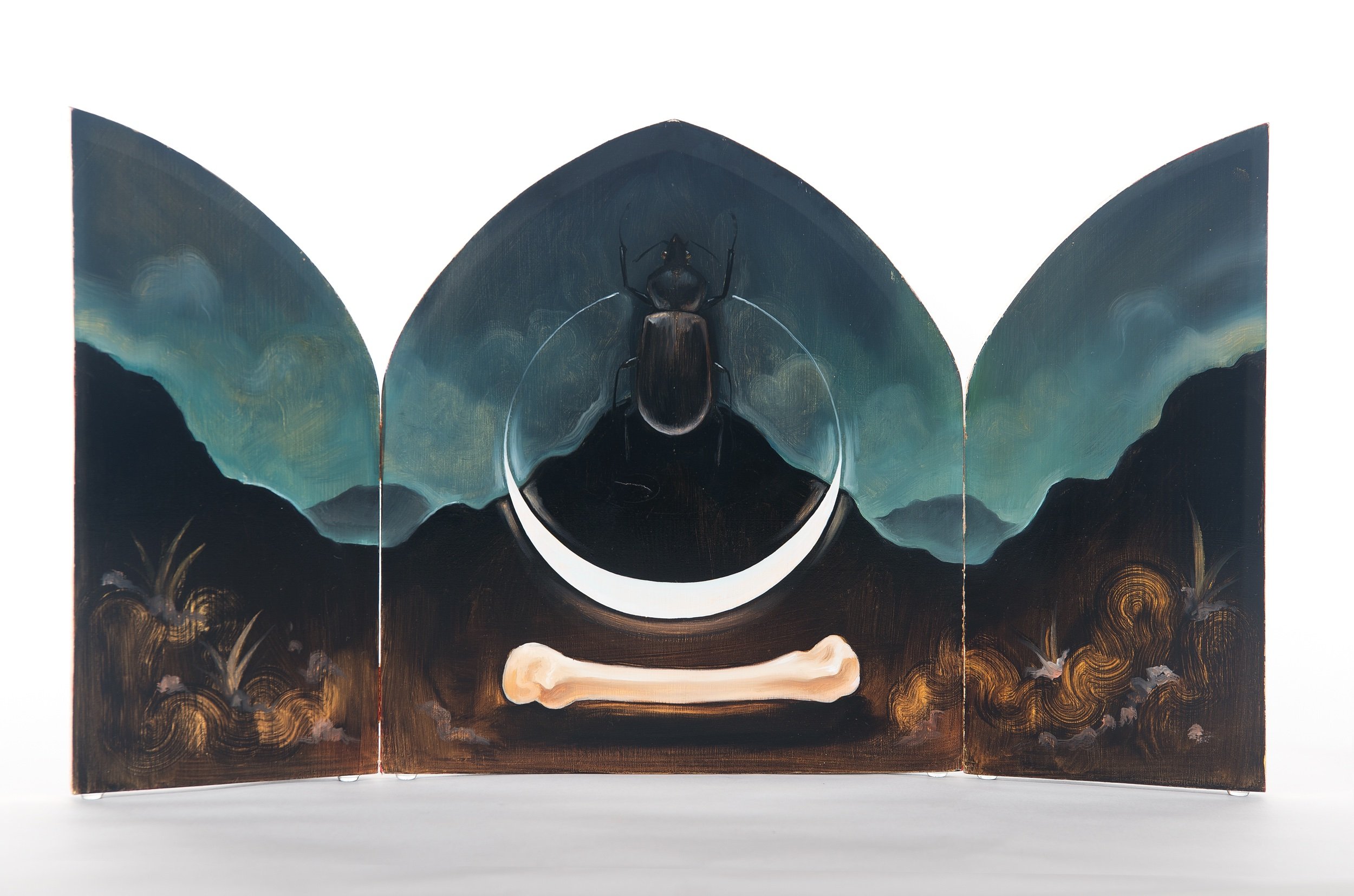   Triptych (outer side, #2)   Oil &amp; gold leaf on hinged panels  12 x 21.75 in., opened    Click to Inquire   