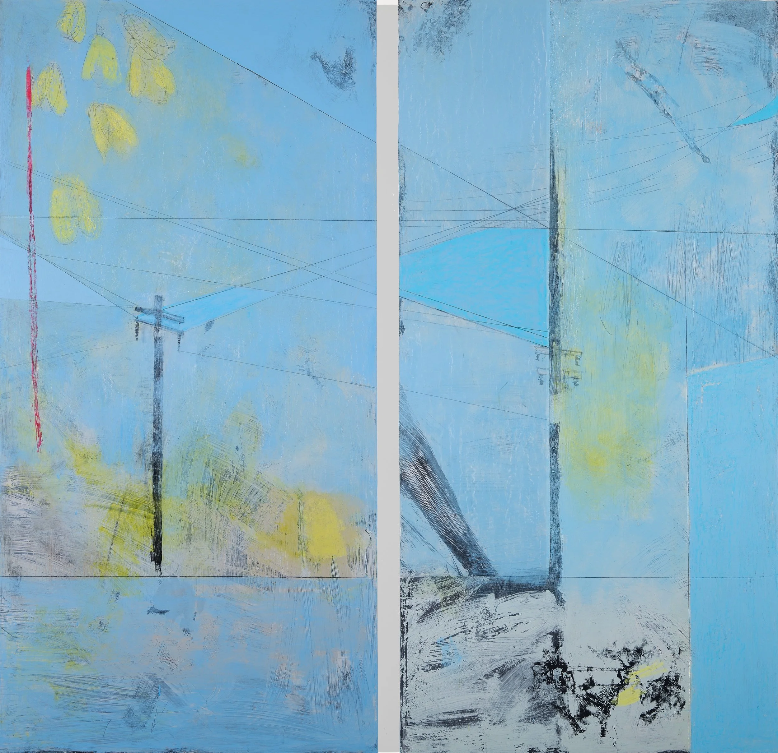   Entre Les Fils   Mixed media on wood panel (diptych)  60 x 30 in., each panel; 60 x 60 in., total    Click to Inquire   