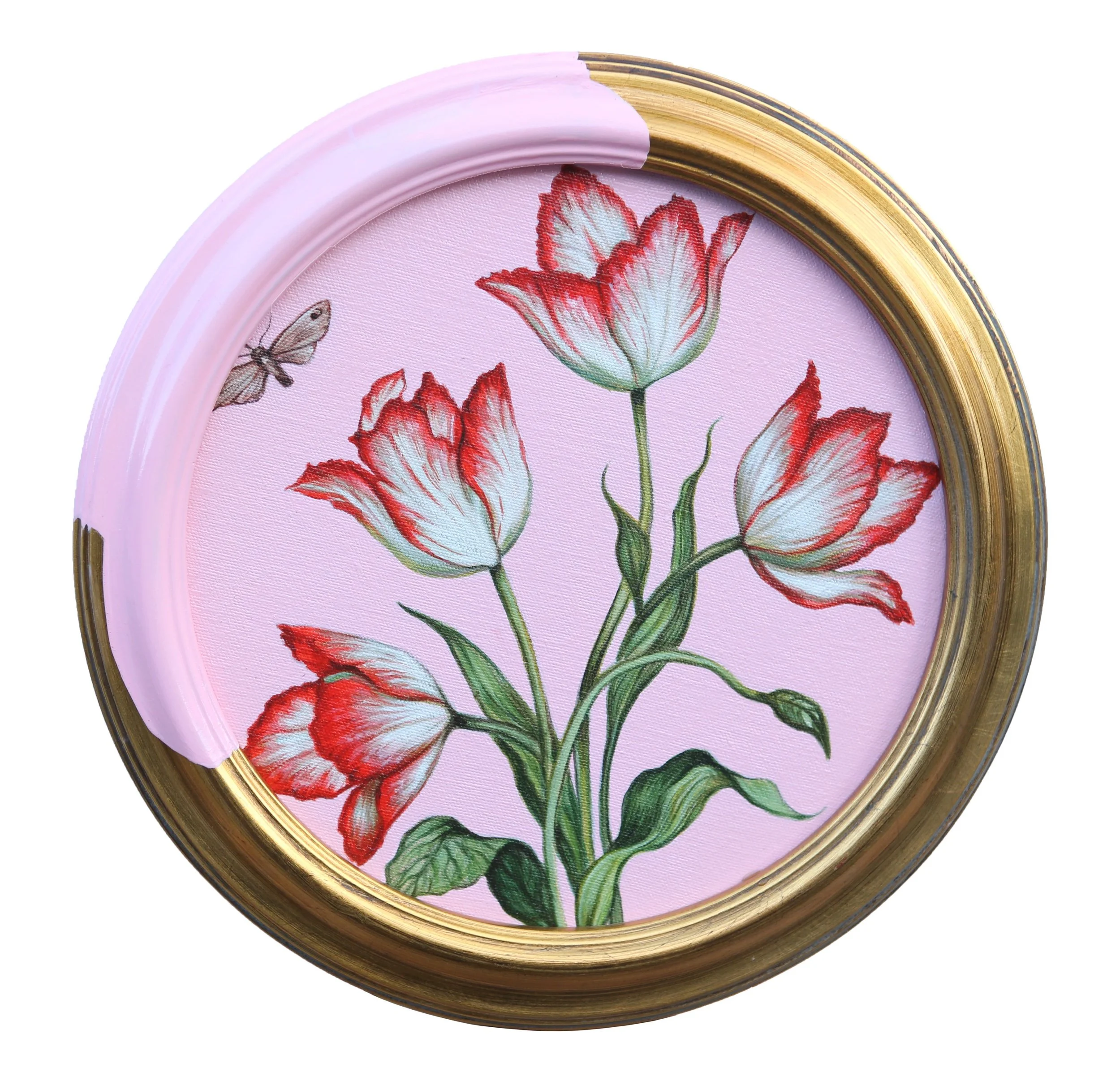   The Moth Around Tulips   Acrylic on canvas, framed  Dia. 12.25 in.    Click to Inquire   