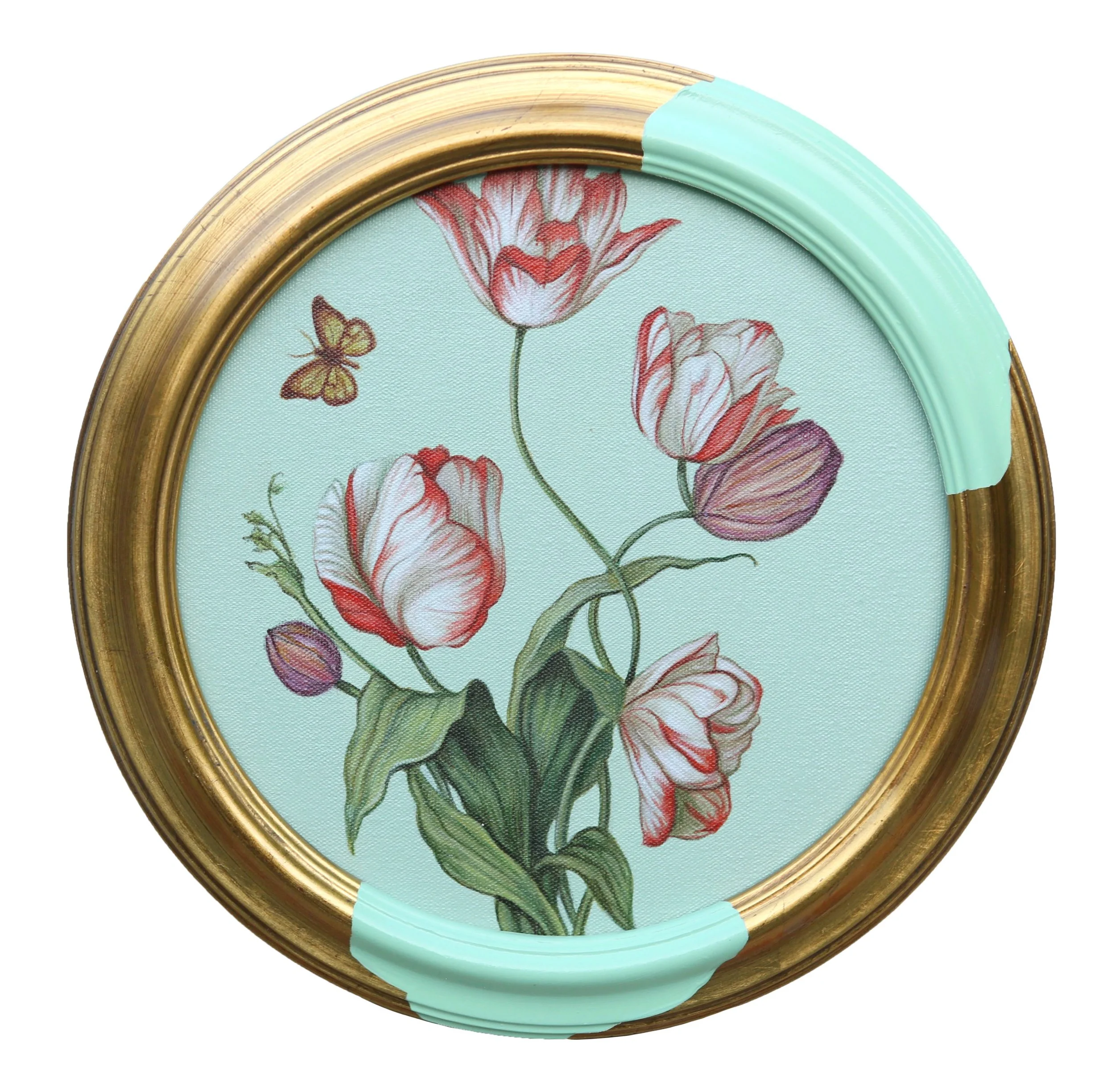   Six Tulips &amp; A Butterfly   Acrylic on canvas, framed  Dia. 12.25 in.    Click to Inquire   