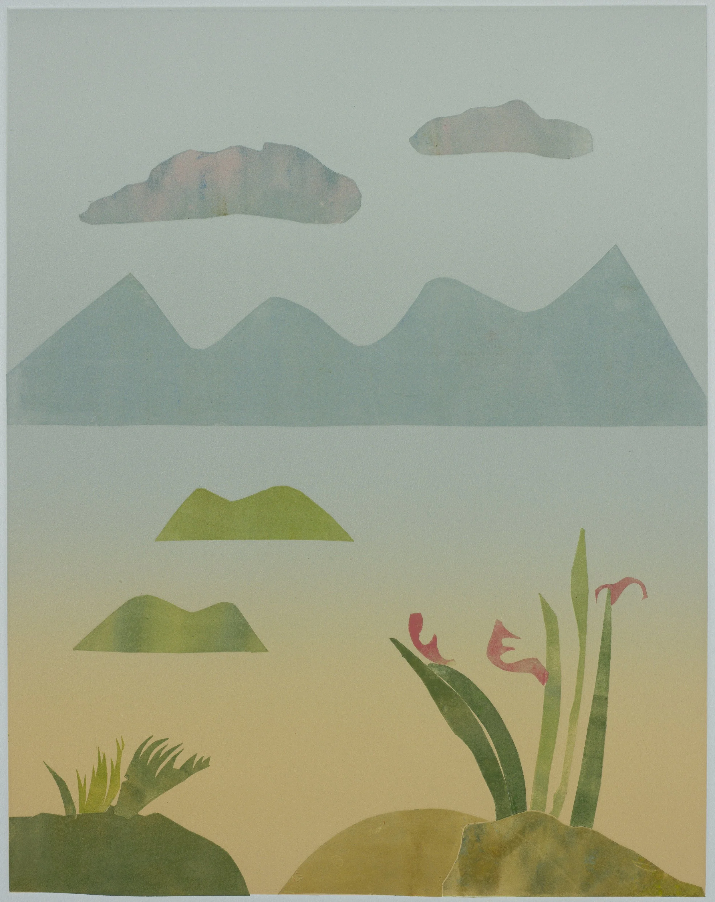   On the Shore at Sunrise   Monotype on BFK paper  19.75 × 15.5 in., image size; 30 × 22 in., paper size  Signed, titled, &amp; numbered ‘1/1’ on front    Click to Inquire   