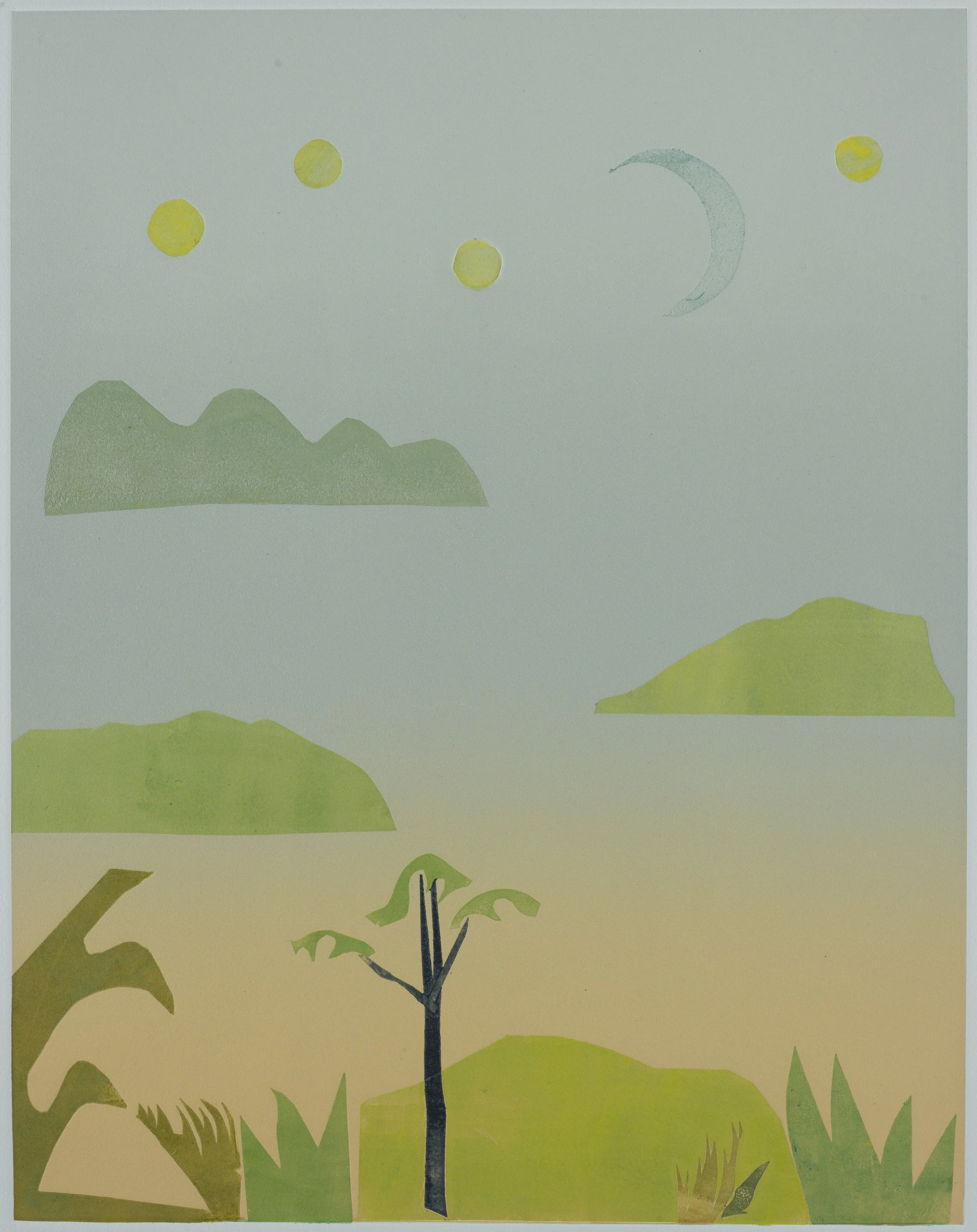   Moon Glow   Monotype on BFK paper  19.75 × 15.5 in., image size; 30 × 22 in., paper size  Signed, titled, &amp; numbered ‘1/1’ on front    Click to Inquire   