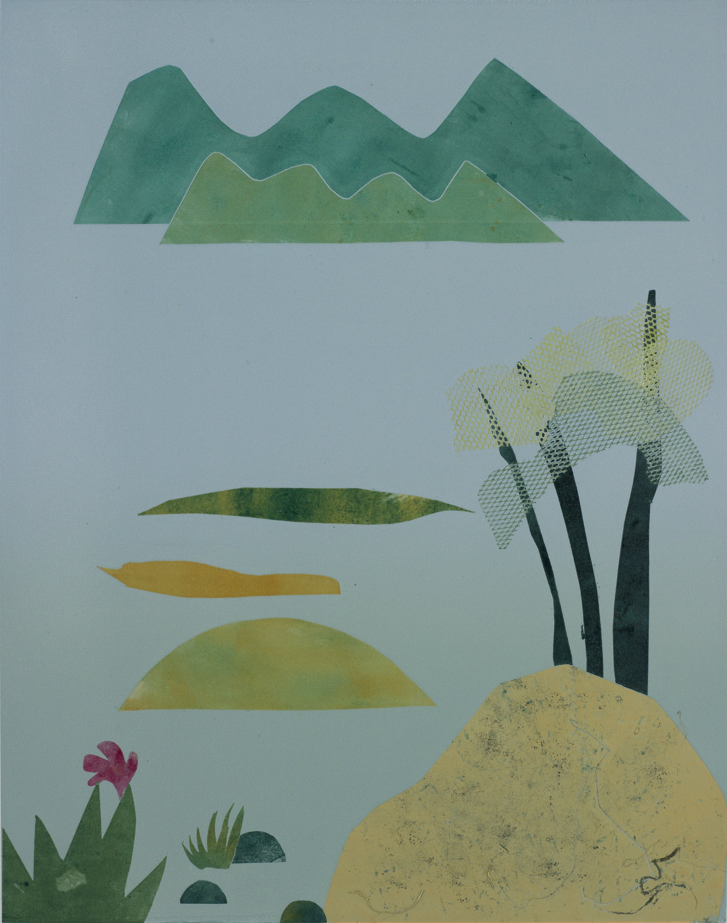   Beach with Three Trees   Monotype on BFK paper  19.75 × 15.5 in., image size; 30 × 22 in., paper size  Signed, titled, &amp; numbered ‘1/1’ on front    Click to Inquire   