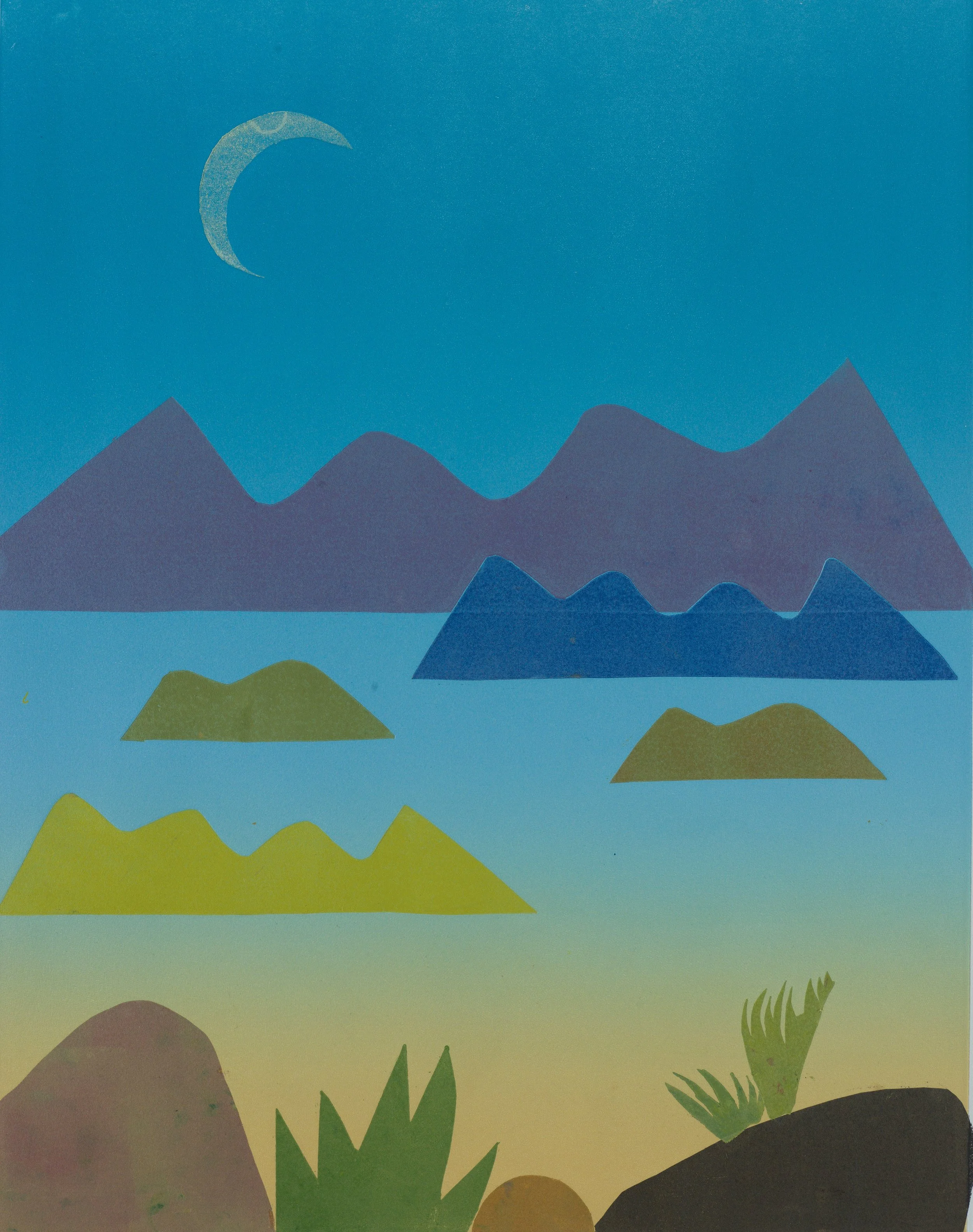   Tahiti - love the blue, the purple, the yellow islands   Monotype on BFK paper  19.75 × 15.5 in., image size; 30 × 22 in., paper size  Signed, titled, &amp; numbered ‘1/1’ on front    Click to Inquire   