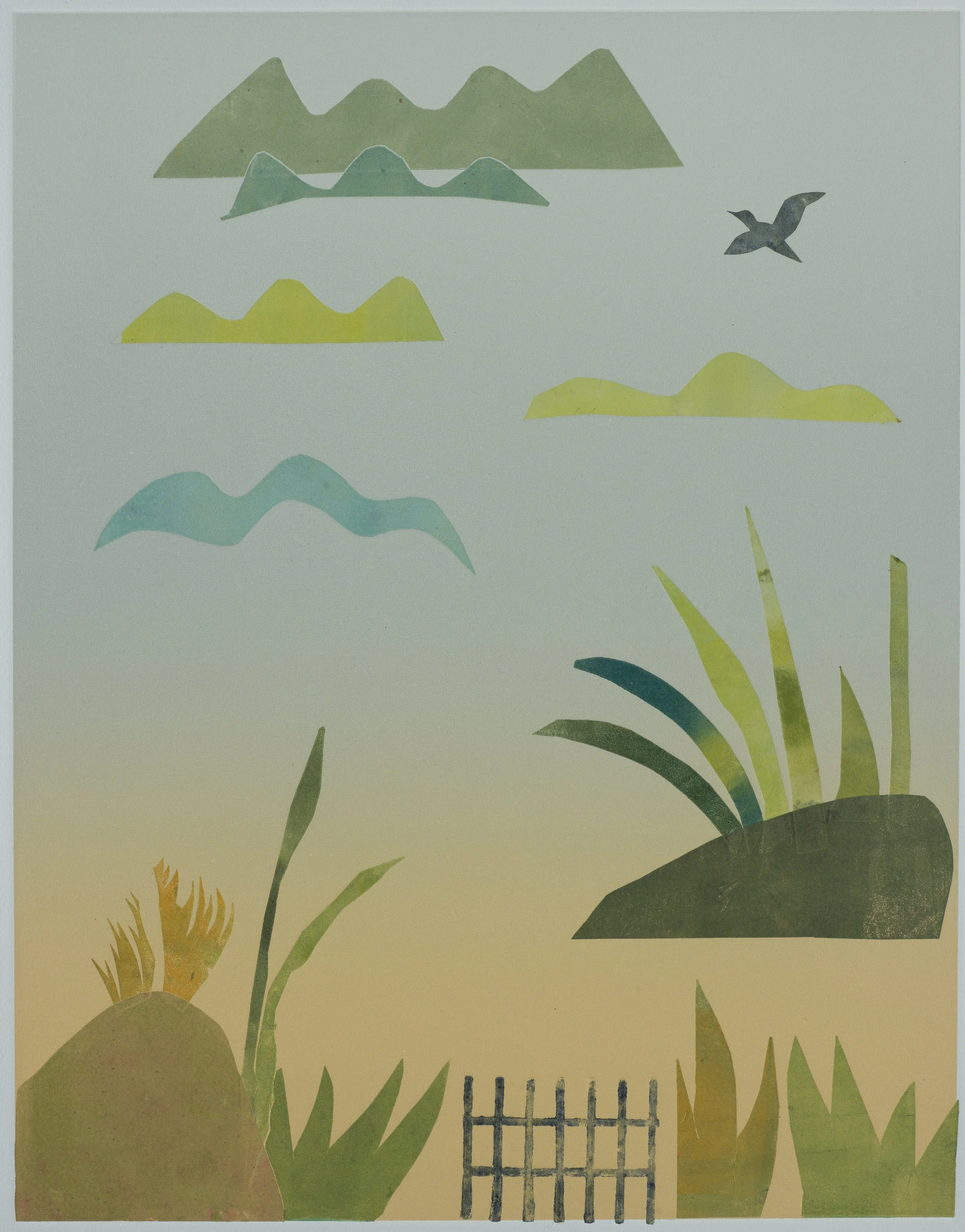   In the Island Sky   Monotype on BFK paper  19.75 × 15.5 in., image size; 30 × 22 in., paper size  Signed, titled, &amp; numbered ‘1/1’ on front    Click to Inquire   