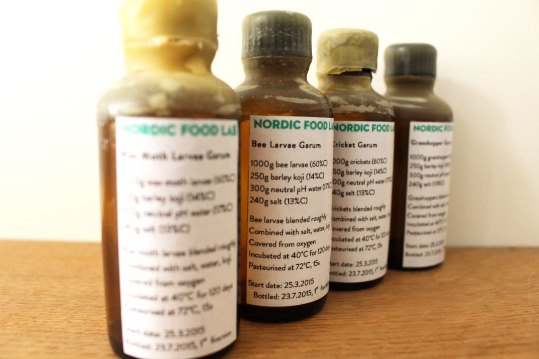 Garums harken back to Roman times when fish proteins were fermented into an umami-packed sauce. The Nordic Food Lab explored the delicious potential of insects by using wax moth, bee larvae, crickets, and grasshoppers as the starting ingredients. Read more about the process at The Nordic Food Lab and here .