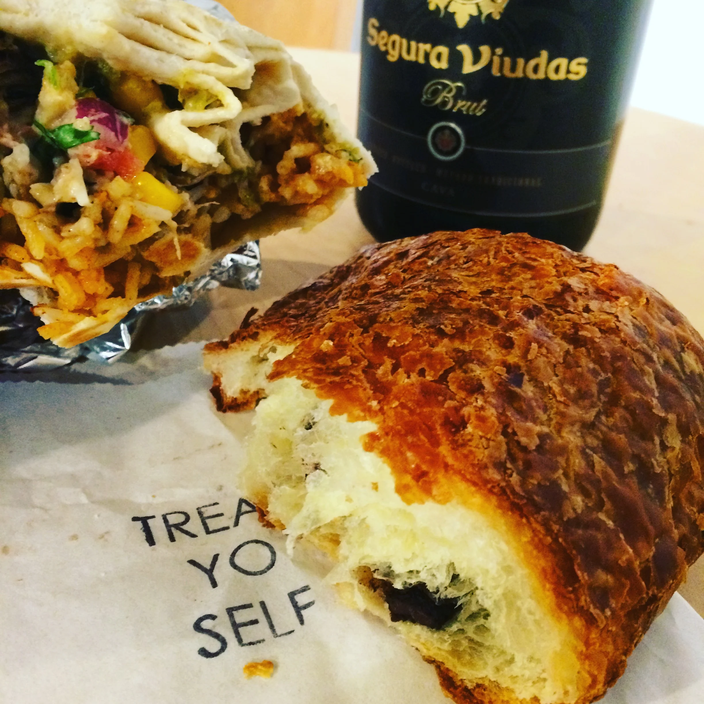 A Taco Cat burrito and Salty Tart chocolate croissant, photo by Urmila Ramakrishnan