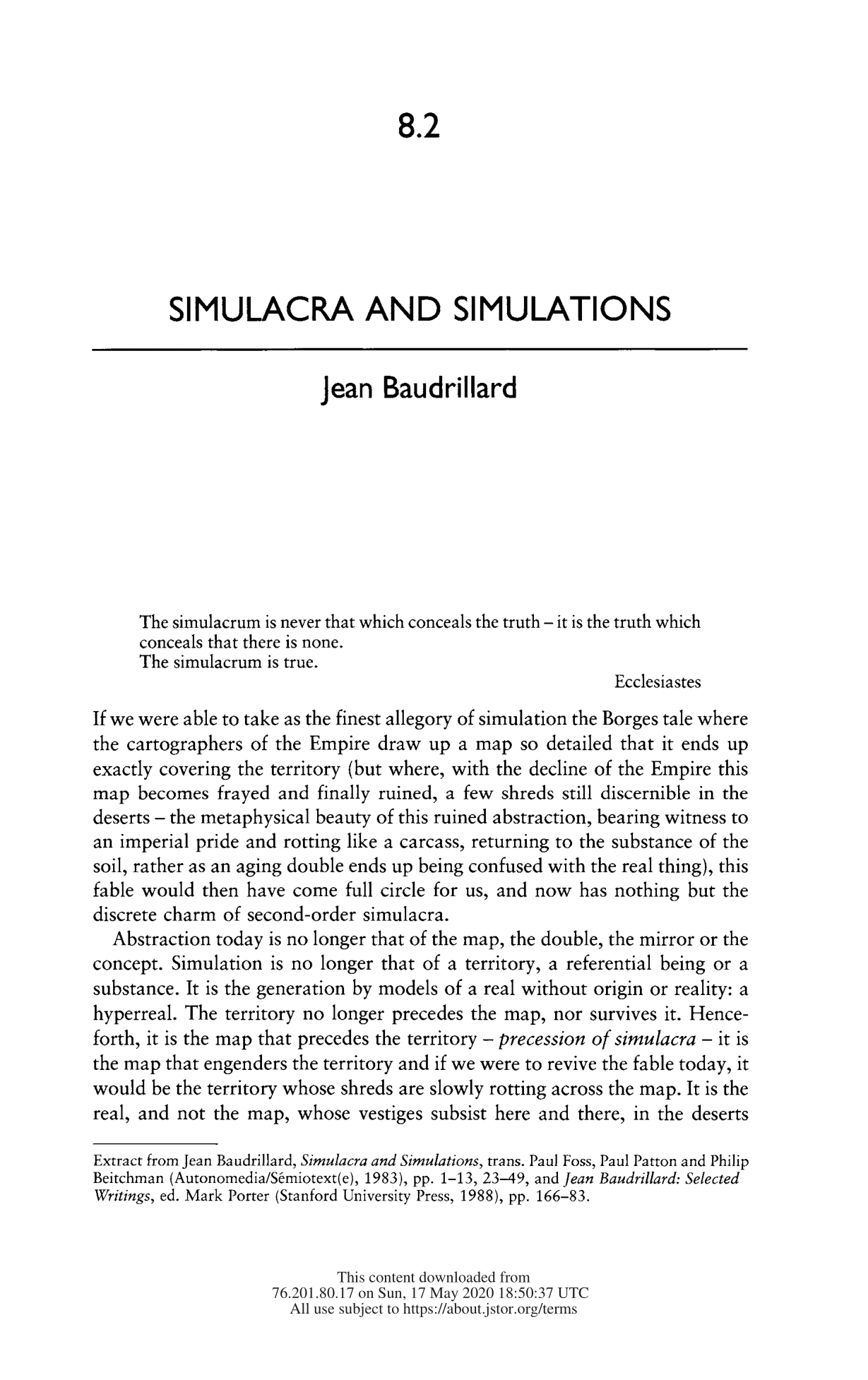 Simulacra and Simulation by Jean Baudrillard