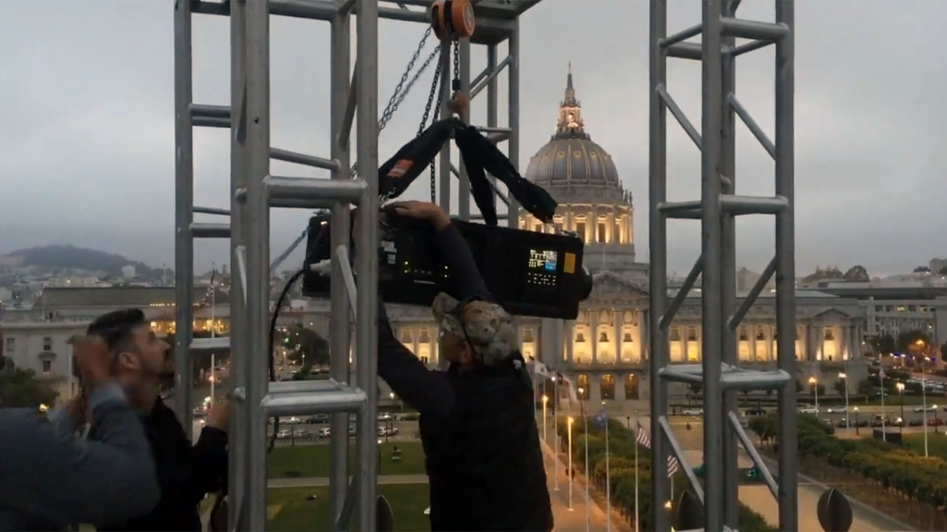 Interactive Projections - This project uses two Christie projectors. One is mounted on the top of the San Francisco Public Library and the other is mounted on the Asian Art Museum. Each projector is 4k and fills slightly more than 60% of the horizontal play area.