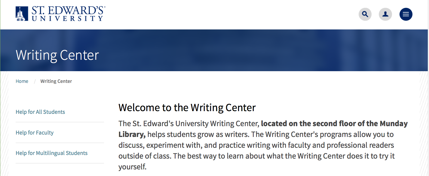 New Writing Center homepage (click to expand)