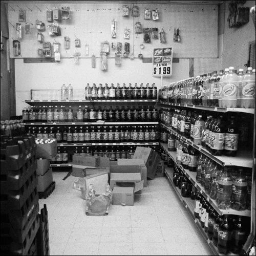 Section of the unrefrigerated soda selection, corner store, Auburn Gresham, South Side, Chicago, 2011.