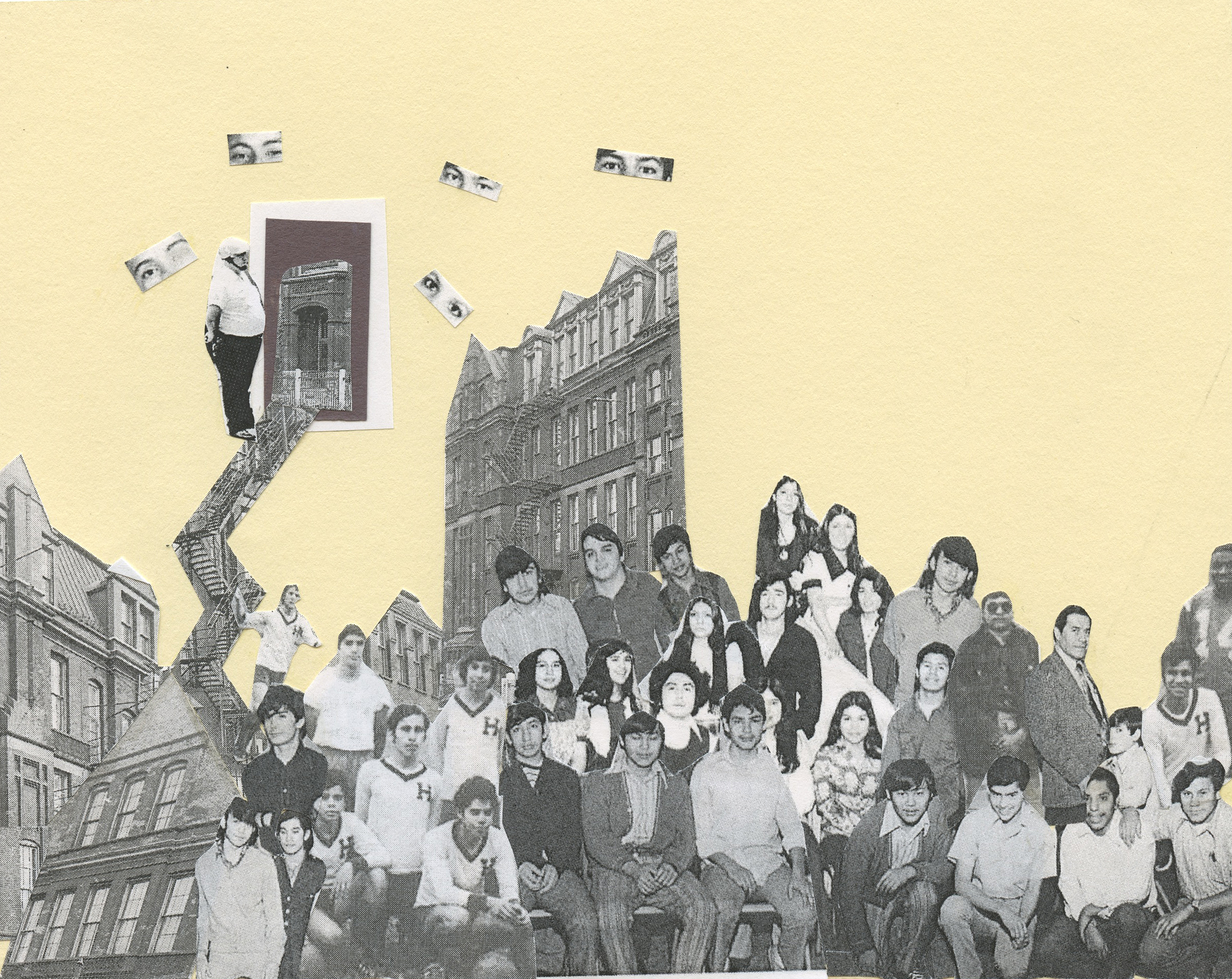 Janneth Ballesteros Mysterious Castle , collage, 2015. Using pictures of Froebel School, a site of the 1973 student uprisings in Chicago, and made in a workshop with artist and educator Nicole Marroquin. Courtesy of Nicole Marroquin.