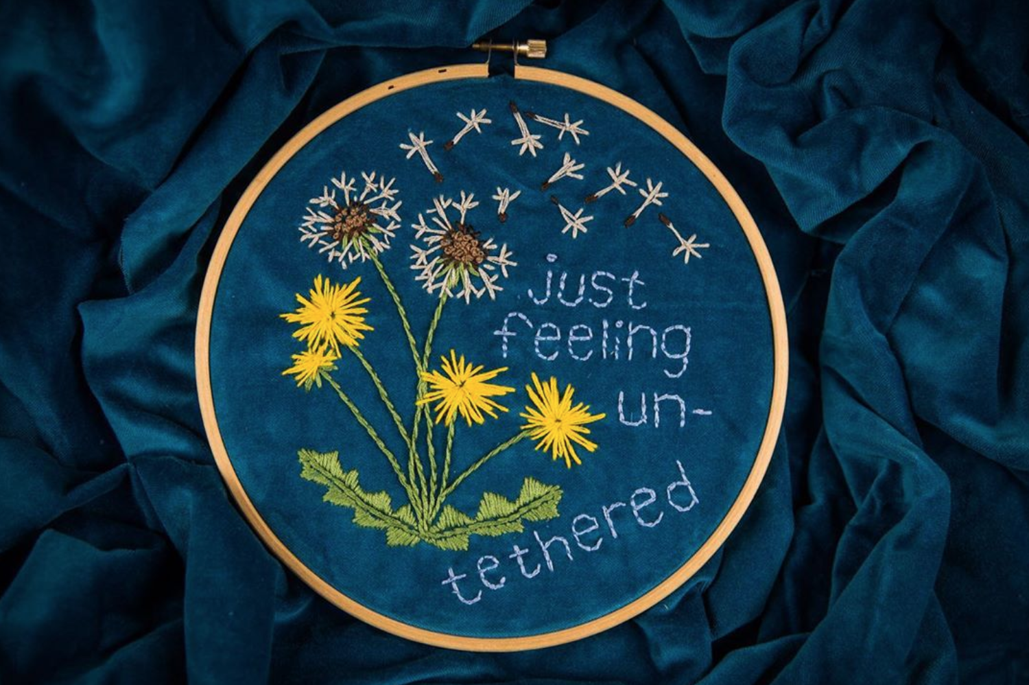 “I cut up some old velvet curtains and started embroidering text messages received from loved ones during quarantine—little notes guiding me during this strange and disconnected time.” – Jessica Bal