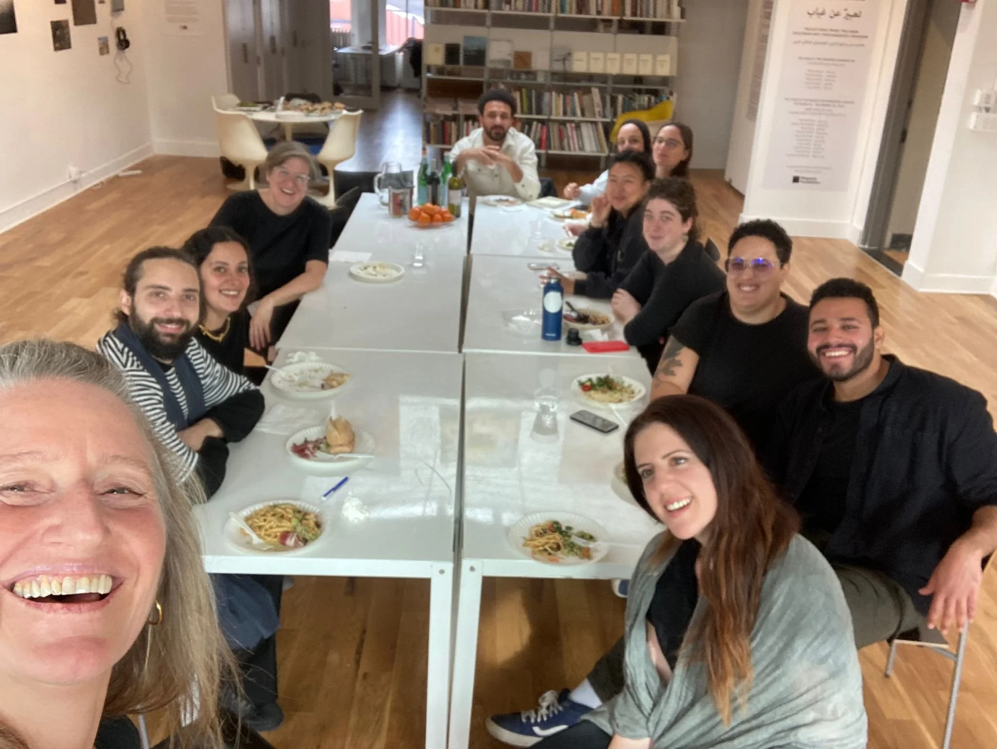 From left to right: Jessica Murray, Roï Saade, Tamara Abdul Hadi, Kristen Lubben, Mostafa Bassim, Nada Harib, Emma Raynes, Tif Ng, Sarah Perlmutter, Lina Khalid, Ahmed Gabar, and Rola Khayyat at the Magnum Foundation. 
