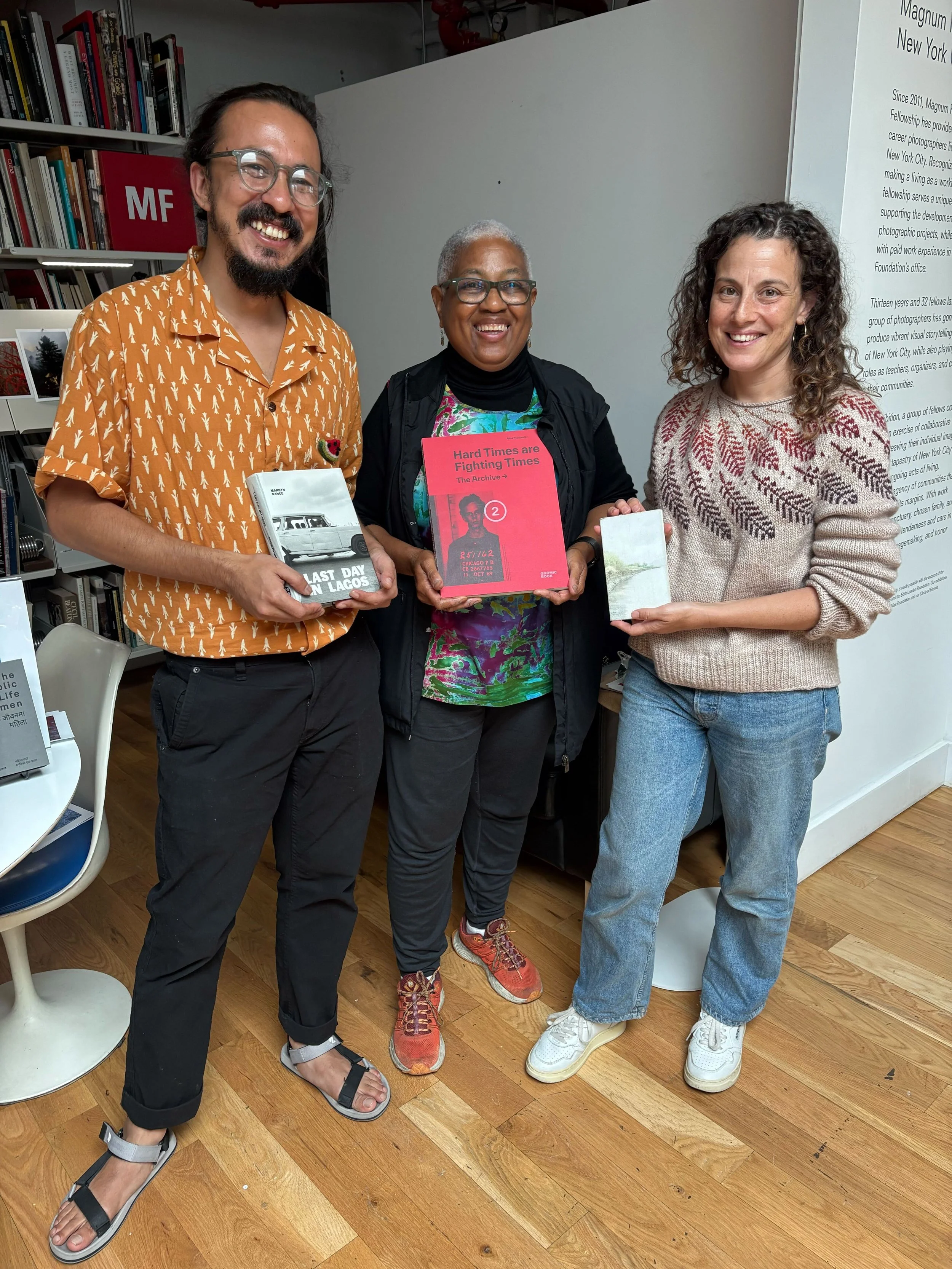  Grantees Prasiit Sthapit, Marilyn Nance, and Alice Proujansky with their books at Magnum Foundation. 
