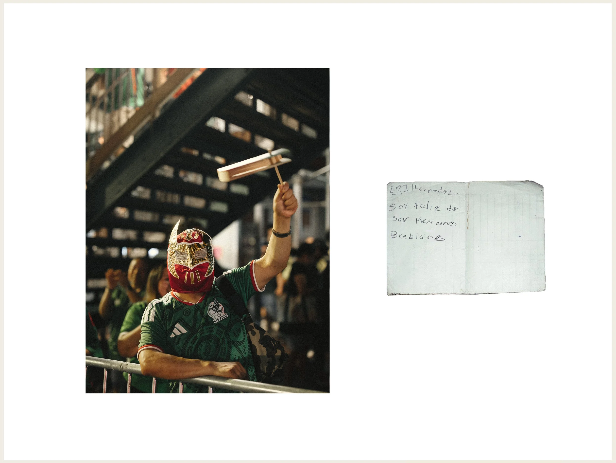  A Mexican supporter stands among the crowd at Boulevard Junction in Jackson Heights, Queens, holding a handwritten note that reads “I am happy to be Mexican” during the Mexico vs. Ecuador match, June 30, 2026. 