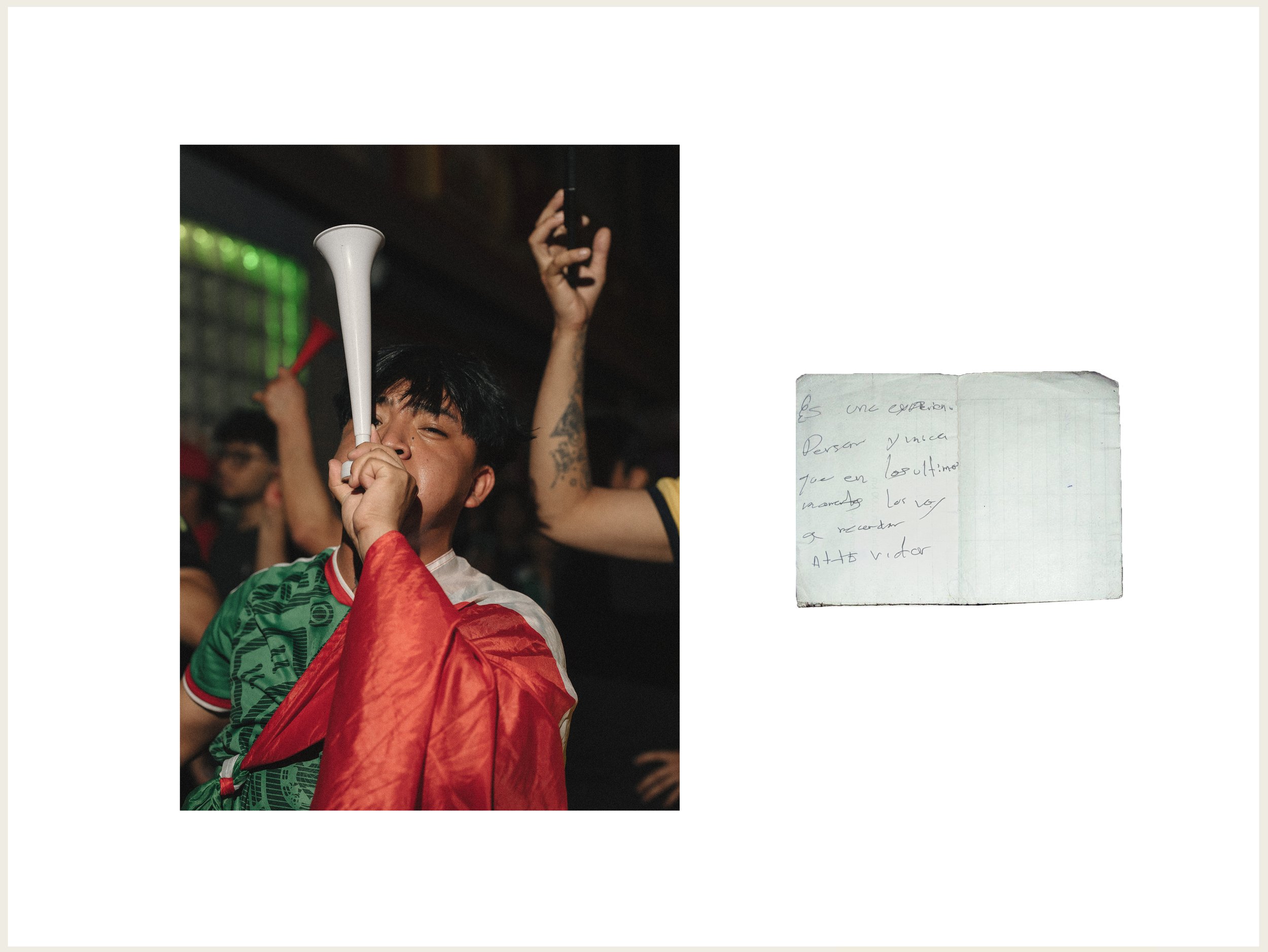 A young Mexican supporter celebrates after Mexico’s victory over Ecuador at Boulevard Junction in Jackson Heights, Queens, June 30, 2026. A handwritten note beside him reads: “It’s a personal and unique experience that I will remember in these final