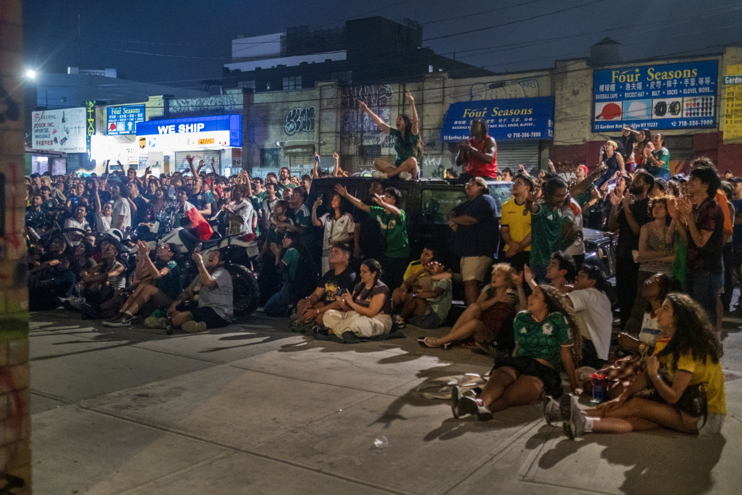  Mexico vs Ecuador fútbol watch party takes over the streets of Bushwick, Brooklyn, outside Football Café, hosted by Migo Events and POC Fútbol Brooklyn, 2026 FIFA World Cup in Bushwick, Brooklyn, July 3, 2026. 