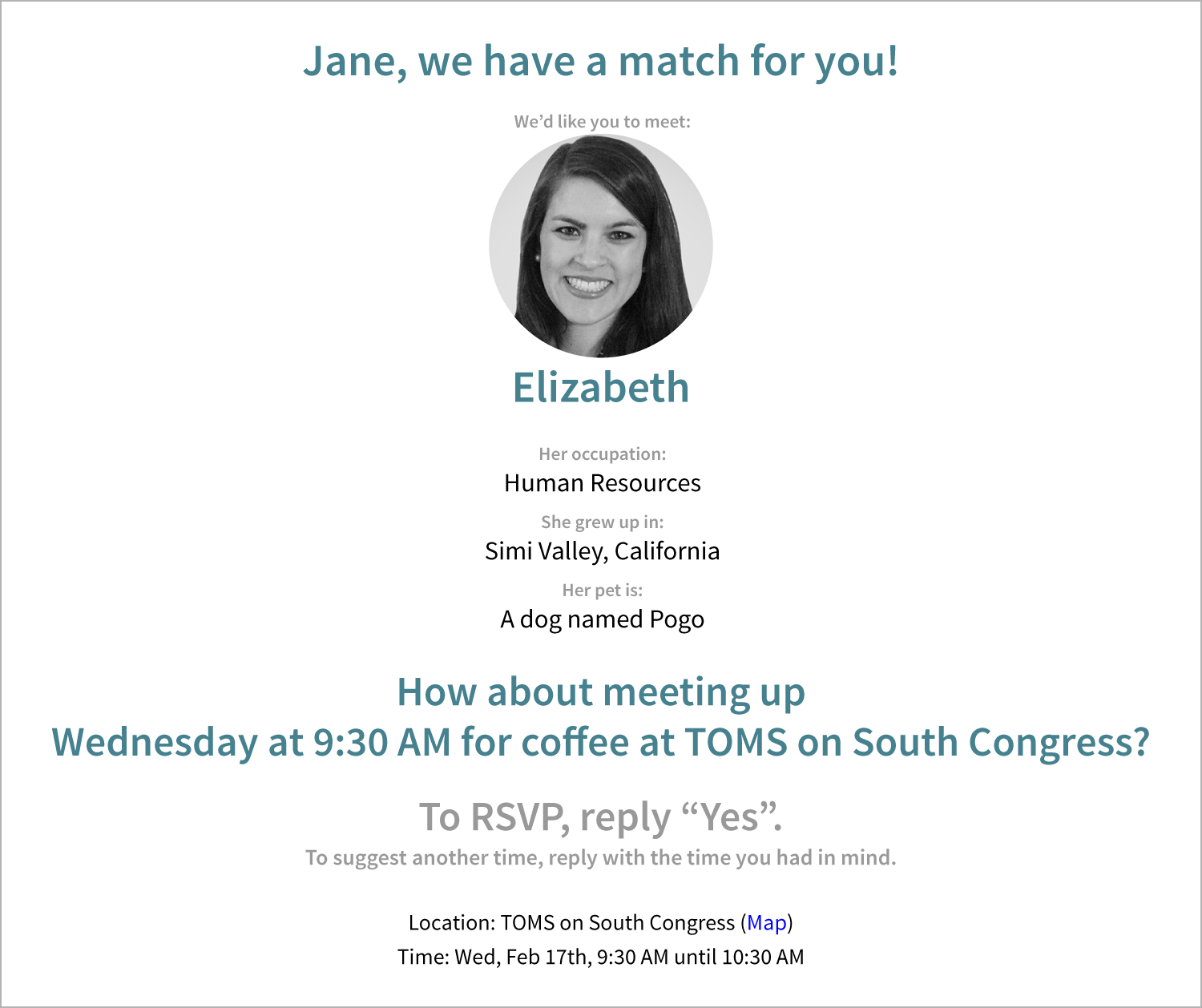 Example email from friend matchmaking service