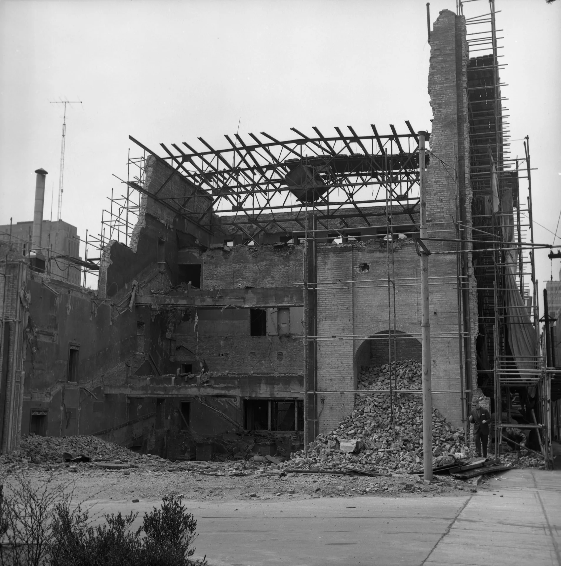 Shea's Theatre, Victoria St., view from rear during demolition - 1956 Salmon, James Victor. "Shea's Theatre, Victoria St., s.e. cor. Richmond St. E.; view from rear, during demolition." Toronto Public Library. Toronto Reference Library, Baldwin Collection, S 1-3524A. www.torontopubliclibrary.ca/detail.jsp?Entt=RDMDC-PICTURES-R-5615&R=DC-PICTURES-R-5615