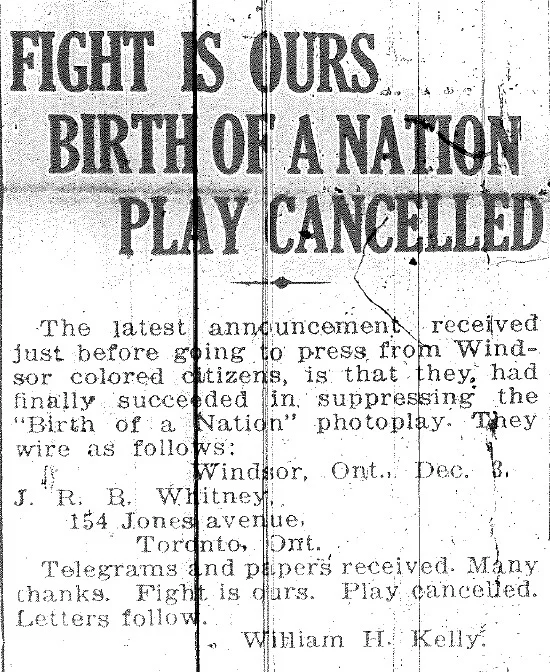 Announcement sent to J.R.B. Whitney, publisher of the The Canadian Observer, after The Birth of a Nation was cancelled in Windsor. From The Canadian Observer, December 4, 1915.