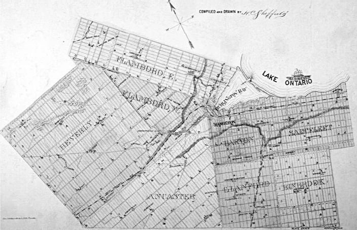 Wentworth County circa 1875, showing its location at the western tip of Lake Ontario, and its separate townships. Beverly Township is one the left. From Wentworth County: Illustrated historical atlas of the Count of Wentworth, Ont. Toronto: Page and Smith, 1875.